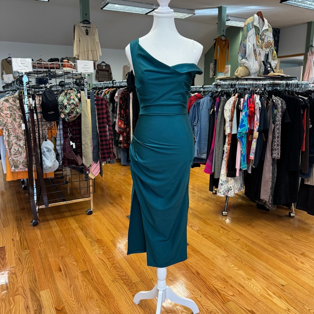 Windsor Teal Off-Shoulder Satin Midi Dress With Side Slit NWT